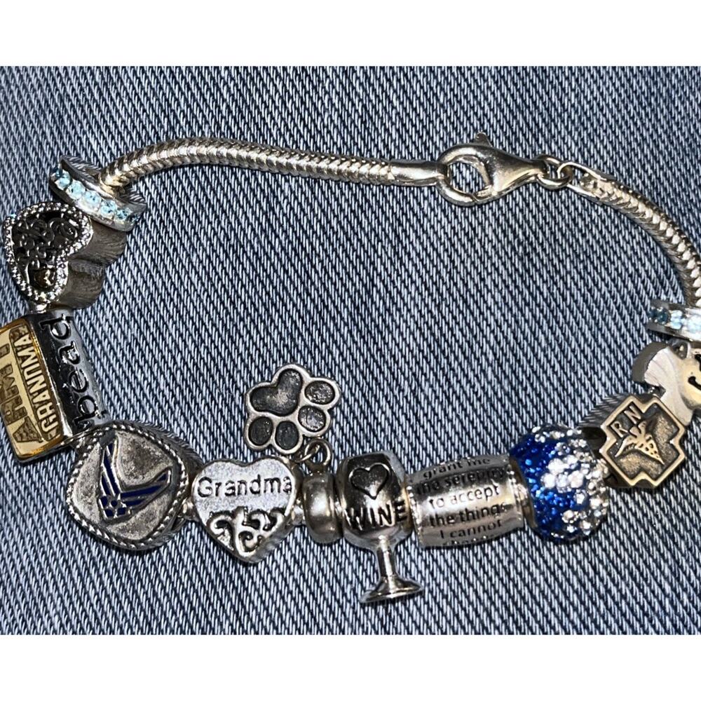 Sterling Silver Fully Loaded Charm Dangle Slider Bracelet all mark 925